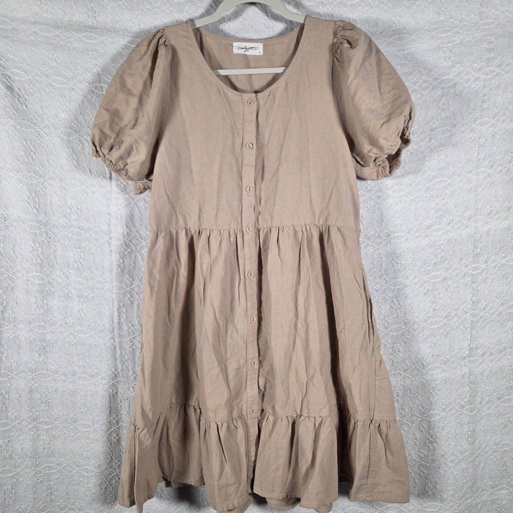 Carly Jean Los Angeles CJLA Tan Puff Sleeve Button Down Mini Dress FD40775 Small